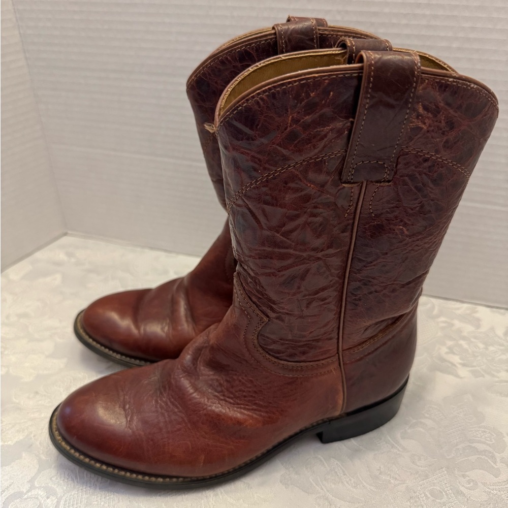 Justin Junior Kids‎ Size 2D Redwood Roper Leather Cowboy Boots Western Vintage